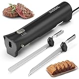 DUSSAL Electric Knife, Electric Bread Knife with 4 Stainless Steel Blades, Safety Lock Switch, Blade Release Buttons, On/Off button, Cutting Meats, Fish, Poultry, Bread, Cheese & More (Black)