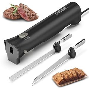 DUSSAL Electric Knife, Electric Bread Knife with 4 Stainless Steel Blades, Safety Lock Switch, Blade Release Buttons, On/Off button, Carving Meats, Fish, Poultry, Bread, Cheese & More (Black)