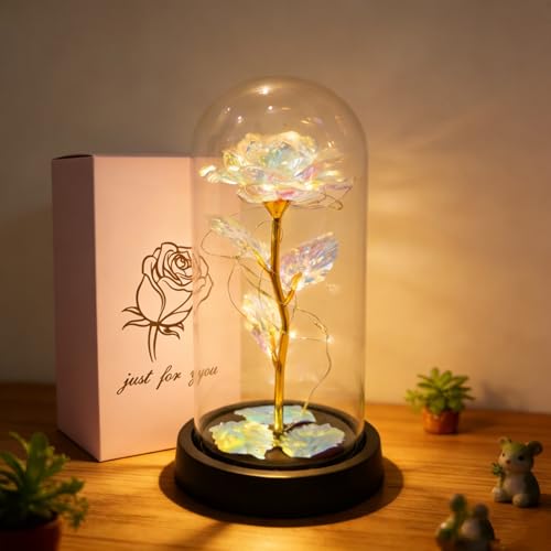 Glass Rose Flower, FUNCYboo Unique Gifts Rose Lamp Romantic Night Light Gold Foil Artificial with DIY Led Light Gifts for Women Mom Wife Girlfriend Birthday Mother's Day Valentine's(Colorful)