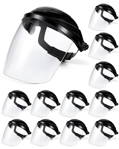 Image of Tellegloww 12 Pack Face Shield for Grinding and Cutting, Black Frame | Clear Impact-resistant Visor, Adjustable Headband, Chemical Splash Protection, Woodworking Debris Guard, Full Coverage