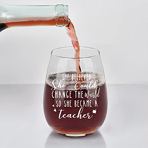 Teacher Gift- She Believed She Could Change The World Stemless Wine Glass, Teacher Wine Glass For Teacher Professor Teaching Assistant, Gift For Teacher’s Day Teacher Appreciation Week Birthday, 15Oz #TOP5