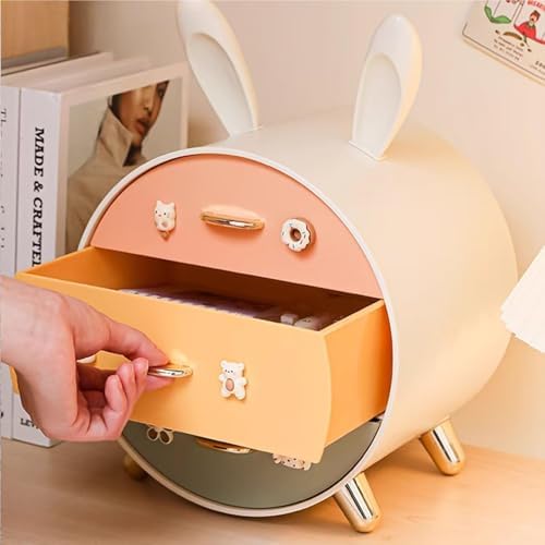 Cute Bunny Desktop File Cabinet - Lockable 3-Drawer Storage for Hair Clips & Jewelry, Portable Makeup Organizer, Flat File Cabinet for Office & Home Use