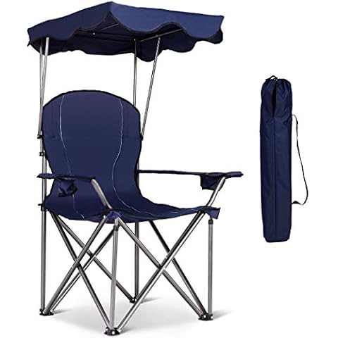 Goplus Beach Chair with Canopy Shade, Folding Lawn Chair with Unmbrella Cup Holder & Carry Bag, Portable Sunshade Chair for Adults for Outdoor Travel Hiking Fishing (Blue) Cover