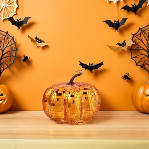 Calabaza artificial de espejo decorativa de mesa para Halloween y Accion de Gracias vidrio 7