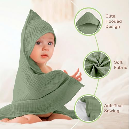 Image of 100% Organic Cotton Muslin Baby Hooded Towel, 32 x 32 in, Deep Green & Floral, 2 Pack, Soft Absorbent 4-Layer Hooded Bath Towel for Newborns & Toddlers, Oeko-TEX