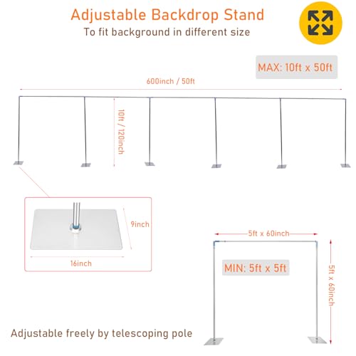 Professional Backdrop Stand Pipe Kit,10'x50' Heavy Duty Background Support System Curtain Frame Telescopic with Steel Base for Wedding Party Photography Trade Show Display