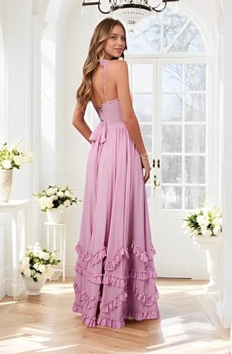 Raseal Chiffon Spaghetti Straps Bridesmaid Dress with Slit Long Ruffle Party Dress for Women RS2252
