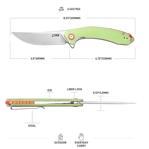 Image of CJRB Gobi G10 Glow in the Dark Handle Folding Pocket Knife, 3.5'' AR-RPM9 Steel Blade Manual EDC Knife with Liner Lock for Outdoor Camping Hiking Fishing(J1906-GD)