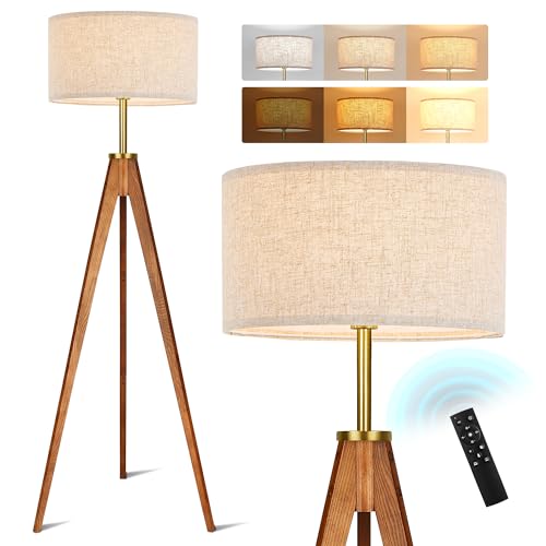 Image of ELYONA Floor Lamp for Living Room, Solid Ash Wood Tripod Floor Lamp with Remote Control, Stepless Dimmable Standing Lamp for Bedroom, Office, Tall Lamp with Linen Shade, Mid Century Modern & Farmhouse