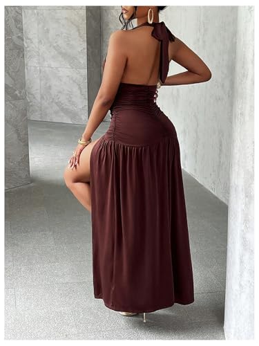 SweatyRocks Women's High Slit Ruched Sheer Sleeveless Low Cut Halter Maxi Dresses2