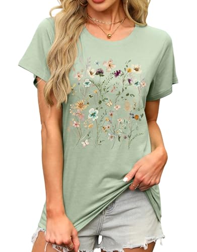 MAPICK Women's Floral Graphic Tees Short Sleeve Casual T-Shirts Boho Style Cute Summer Loose Fit Tops