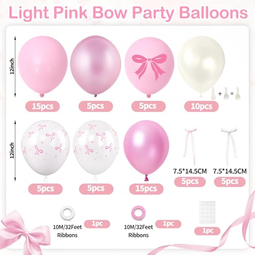 Image of Pink Bow Balloons, 60PCS Double Stuffed Pearl White Light Pink Balloon, 12 Inch Pastel Pink White Bow Printed Balloons with Ribbon for Girls Birthday Baby Shower Wedding Coquette Party Decorations