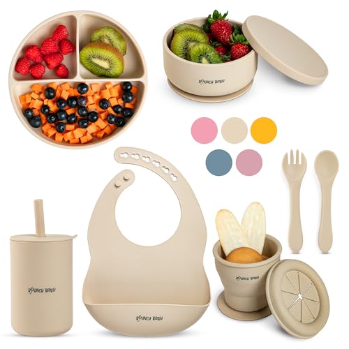 Image of Bouncy Silicone Feeding Set, 8 PCS Baby Led Weaning Supplies with Plates, Utensils, Spoon, Fork, Adjustable Bib, Silicone Set (Beige)