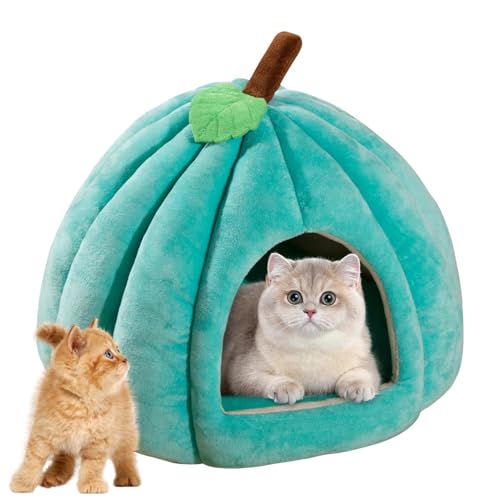 かぼちゃの猫ベッド | ハロウィンキャットハウス | 滑り止め付き猫用洞窟ベッド かぼちゃ型 | 快適でかわいいかぼちゃスタイルの猫用洞窟 室内用子猫、小型犬用(Malachite Blue,L)