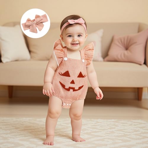 Newborn Halloween Outfit Infant Girls Pumpkin Smiling Face Embroidery Striped 1st Halloween Baby Girl Outfit2