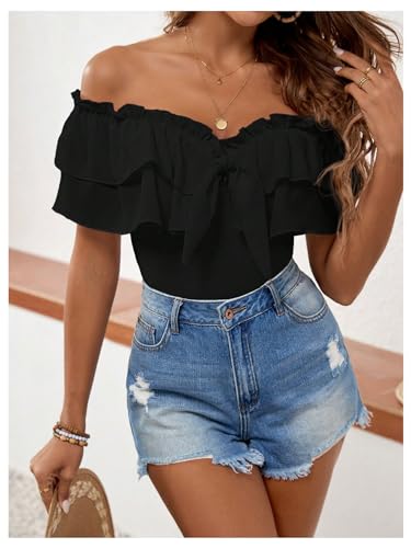MakeMeChic Women's Off The Shoulder Tops Short Sleeve Tie Front Ruffle Layer Tee Shirts Blouse3