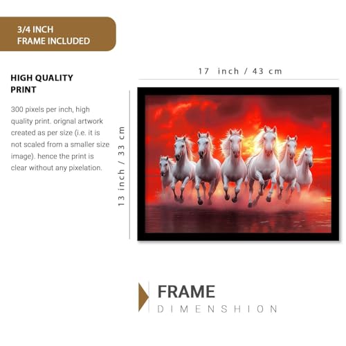 Image of HOTHOUSE 7 Horses Vastu Frame Wall Art Painting for Living Room Bedroom Office Home Decor | Seven Running Vastu Lucky Horse Rising Sun Painting Wall Decor Size (13X17 inch)