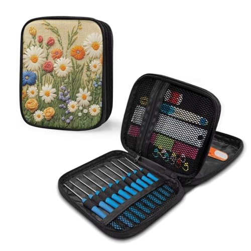 Image of Art Daisy Crochet Hook Case Crochet Hook Holder Portable Storage Bag with Web Pockets Suitable for Needles /Knitting Accessories