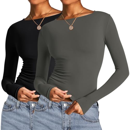 Image of AKEWEI Long Sleeve Crop Tops for Women 2 Pack Fall Going Out Outfits Cute Tight Basic Tees Shirt