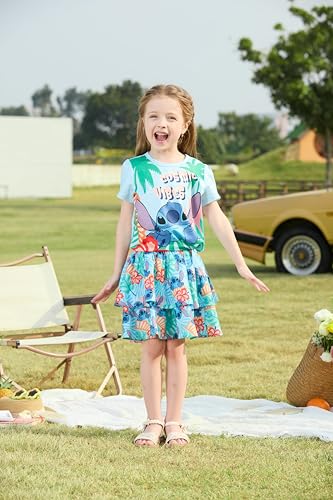 Image of Disney Frozen Elsa Stitch Minnie Princess Toddler Girls' T-Shirt & Double Ruffle Skirt 2 Piece Outfit Summer Clothes Set 2-9Y