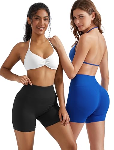 Image of OMKAGI Halter Sports Bras for Women Padded Strappy Bra Open Back Workout Gym Crop