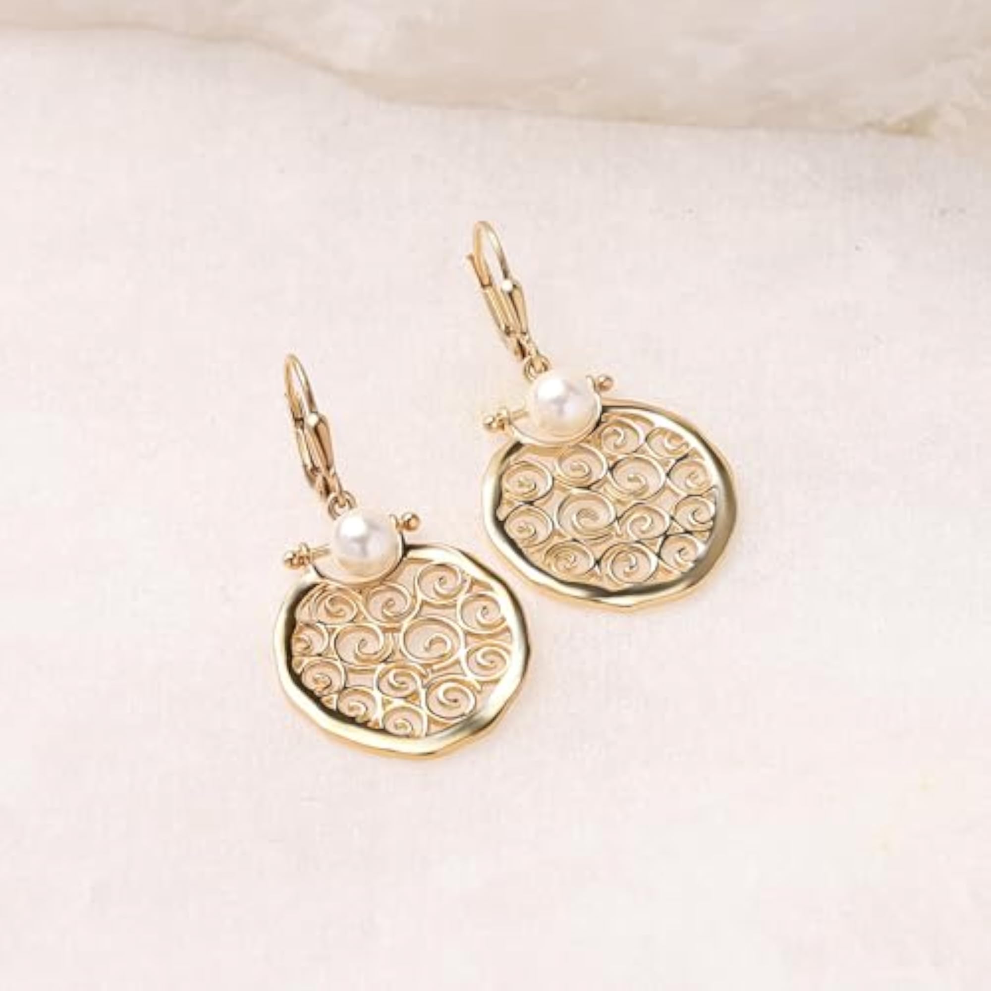 Women's 925 Silver Gold Plated Shell Pearl Filigree Earrings