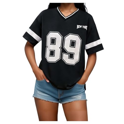 Image of Oversized T Shirt Women's Letter Print Fashionable Y2K Short Sleeve Top Streetwear Vintage T-Shirt V-Neck Baggy Summer Tops Tunic Shirts for Women Sports Shirt Loose Casual Shirt, black, S