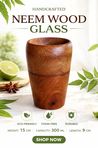 Image of Handcrafted Neem Wood Drinking Glass, Traditional Brown, 15 cm Height, 300 ml Capacity, Natural Wood Grain Finish