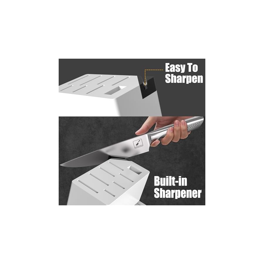 imarku Knife Set, Japanese HC Stainless Steel 15 PCS Kitchen Knife Set With Block With Built-in Sharpener, Razor-Sharp Blade Knife Block Set With Dotted Ergomomic Handle, Birthday Day Gifts, White