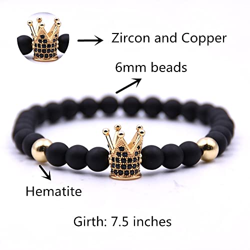 Hyhoney 4 Pcs Micro Pave Zircon Crown King Charm 6Mm Beads Bracelet For Men Women His And Hers Couple Bracelet Natural Black Matte Onyx Stone Hematite Beads Elastic Adjustable #TOP1