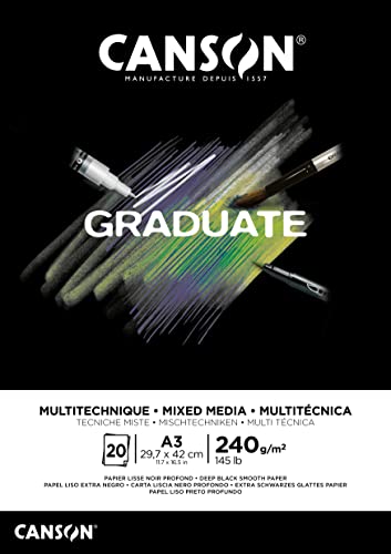 CANSON Graduate Mixed Media - Bloc 20 feuilles - Papier multitechnique - A3-240g/m² - Noir profond
