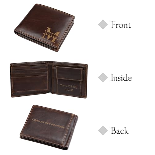 Image of Personalized Leather Wallet for Men, Custom Engraved with Name or Initials - RFID Blocking Bifold Thin Wallet, Ideal Father's Day Birthday Gift for Dad Husband, Comes with Gift Box (Dark Coffee)
