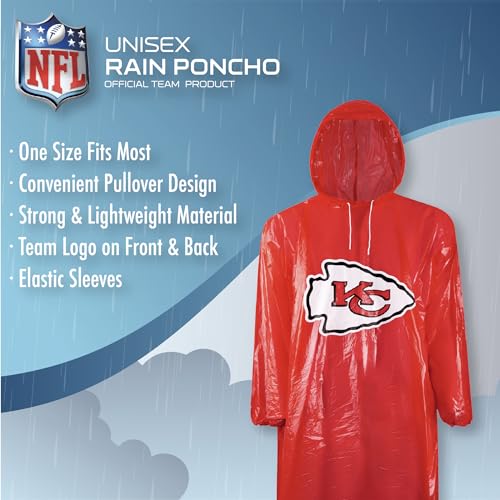 Image of NFL Waterproof Rain Poncho for Adults, Sporty, Elastic Sleeves and Drawstring Hood, Unisex Rain Coat