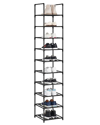 SONGMICS Schuhregal, 10 Ebenen, Schuhablage, Schuhaufbewahrung, schmal, 33 x 33 x 173 cm, Metallgestell, Ablagen aus Vliesstoff, für Flur, Schlafzimmer, schwarz LSR110B02