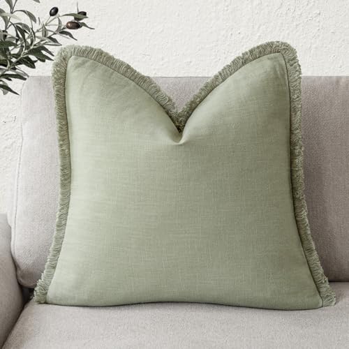 Image of Foindtower Decorative Linen Fringe Throw Pillow Covers Cozy Boho Farmhouse Cushion Cover with Tassels Soft Accent Pillowcase for Chair Sofa Bed Living Room Home Decor, 20x20 Inch, 1PC,Light Sage Green