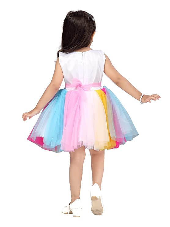 Image of Unicorn Printed Multicolors Frock in Net for Girls Kids-
