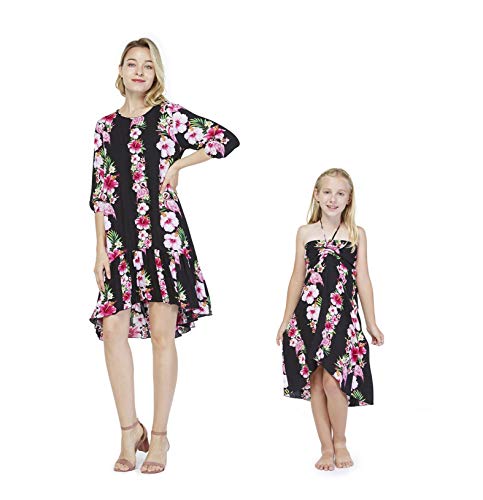 Matching Hawaiian Luau Mother Daughter 3/4 Sleeve Mermaid Ruffle Dress in Pink Black Hibiscus Vine