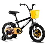 RULLY Dinosaur 12 Zoll Jungenfahrrad für Kinder von 2-3 Jahren, schwarz-gelb, mit abnehmbaren Stützrädern, Rücktrittbremse und Handbremse, Korb