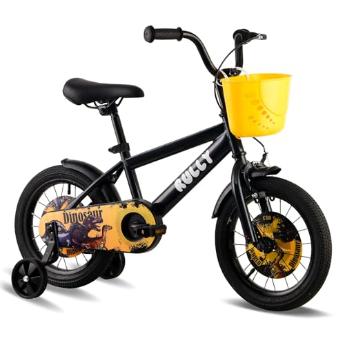RULLY Dinosaur 12 Zoll Jungenfahrrad für Kinder von 2-3 Jahren, schwarz-gelb, mit abnehmbaren Stützrädern, Rücktrittbremse und Handbremse, Korb