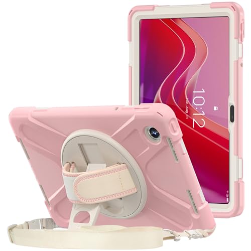 ProCase レノボ Idea Tab 11インチ 2025発売 Tab M11/B11/K11 10.95インチ 2024発売 タブレット保護ケース 360°回転可能 ショルダーストラップ付き スタンド機能 保護カバー -ピンク