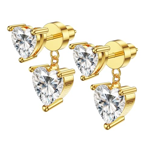 Fullove Heart Moissanite Stud Earrings For Her, 2x0.5ct Studs with 2x1.5ct Pendants, Sterling Silver Jewelry, Gifts for Wife Girlfriend Mom Daughter Women (Gold 4ct Heart Moissanite 2 In1 Earrings)