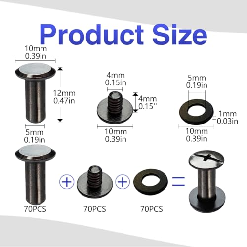 SHSMPXOY Chicago zestaw 70 śrub do książek, ze stali nierdzewnej M5 x 12 mm, śruby do introligatora, nitów do skóry, toreb, książek, obroży, plecaków, smyczy dla psów (czarne, błyszczące)