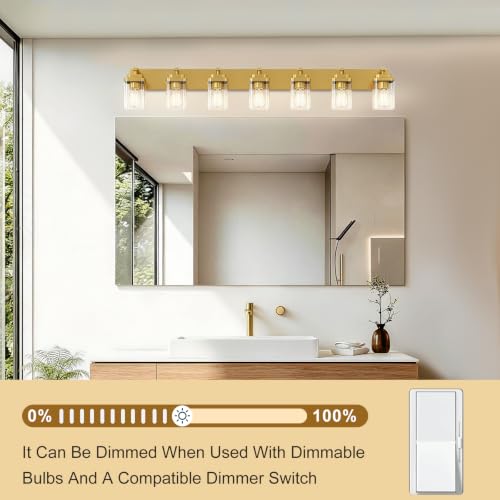 Image of Brushed Gold Bathroom Light Fixtures, 7 Lights Bathroom Lighting Fixtures Over Mirror, Square Design & Rectangle Large Backplate, Modern Vanity Lighting Fixtures, for Living Room /Bedroom