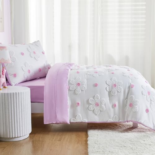 Image of Toddler Bedding Set for Girls 4-Piece Purple Boho Tufted Daisy Flowers Toddler Bed Comforter Set Bed-in-a-Bag Toddler Sheets Bedroom Set with Toddler Comforter, Flat Sheet, Fitted Sheet, Pillowcase