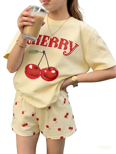 Image of KIDLAGA Girls Two Piece Sets Cherry Pattern Short Sleeve Shirts and Shorts Set With Pockets Girls Summer Outfits Size 7-14