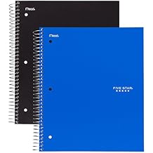 Five Star Spiral Notebooks, 3 Subject, Wide Ruled Paper, 150 Sheets, 10-1/2" x 8", Black, Blue, 2 Pack 73033