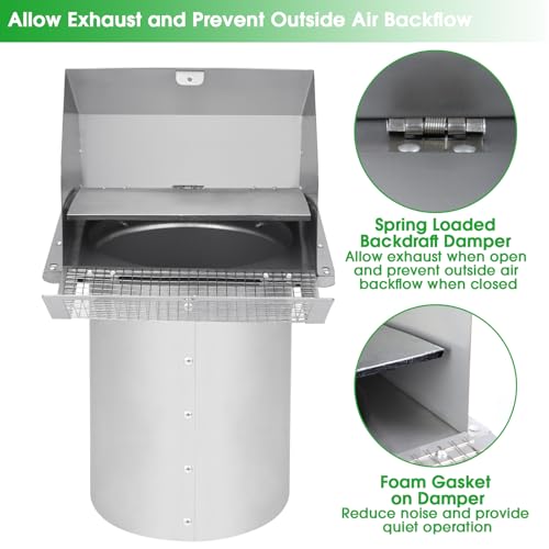 Image of 12 Inch Hooded Wall Vent with Screen and Damper,Outdoor Wall Exhaust Vent Cover Cap for Exterior HVAC Duct Industrial Facilities Kitchen Range Hood Dryer Ventilation and Air Exhaust,Stainless Steel