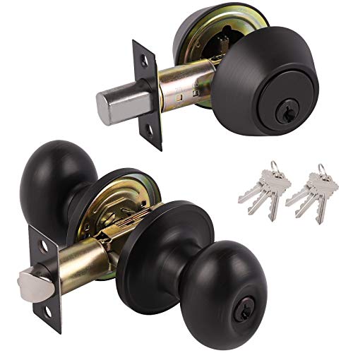 Probrico Entry Door Knobs with Double Cylinder Deadbolt Combo 6 Pack Oil Rubbed Bronze Oval Egg Knobs Keyed Alike Entry Door Lock Set for Office Door Interior & Exterior Door Handlesets