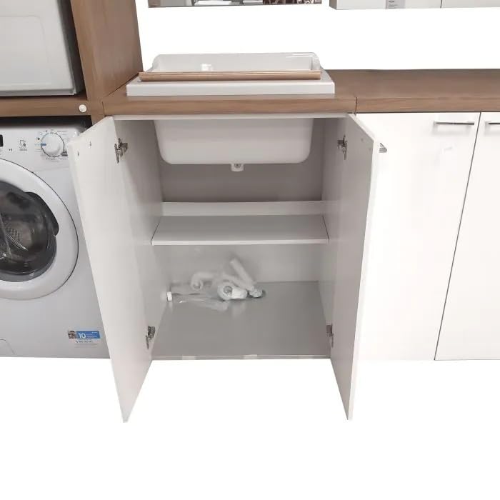 Bissolo Casa Lavatoio con Mobile 71x65 cm Bianco Lucido, 2 Ante Push-Pull, Vasca Metacrilato, Top Noce, Asse Legno Incluso