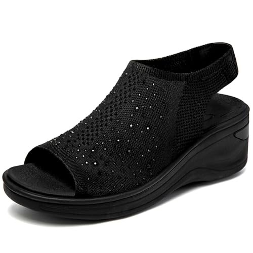 Women's Comfortable Platform Walking Sandals With Memory Foam Open Toe Lightweight Breathable Soft Mesh Washable For Summer Travel Casual Beach Outdoor Sport Black